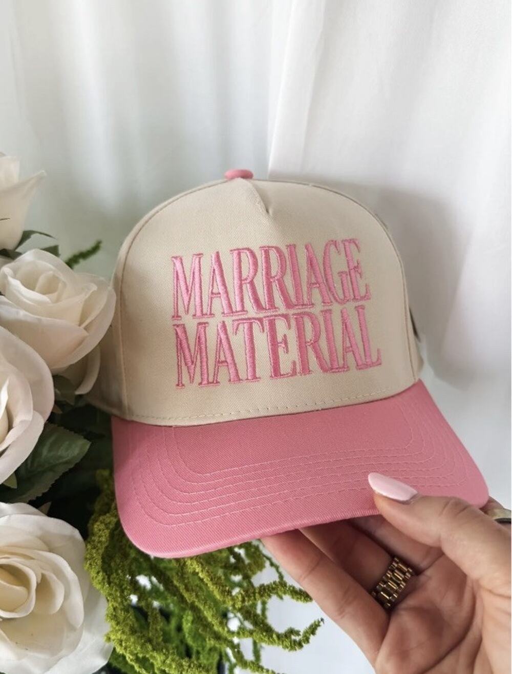 Marriage Material Embroidered Trucker Hat Ivory Pink Adjustable Baseball Cap